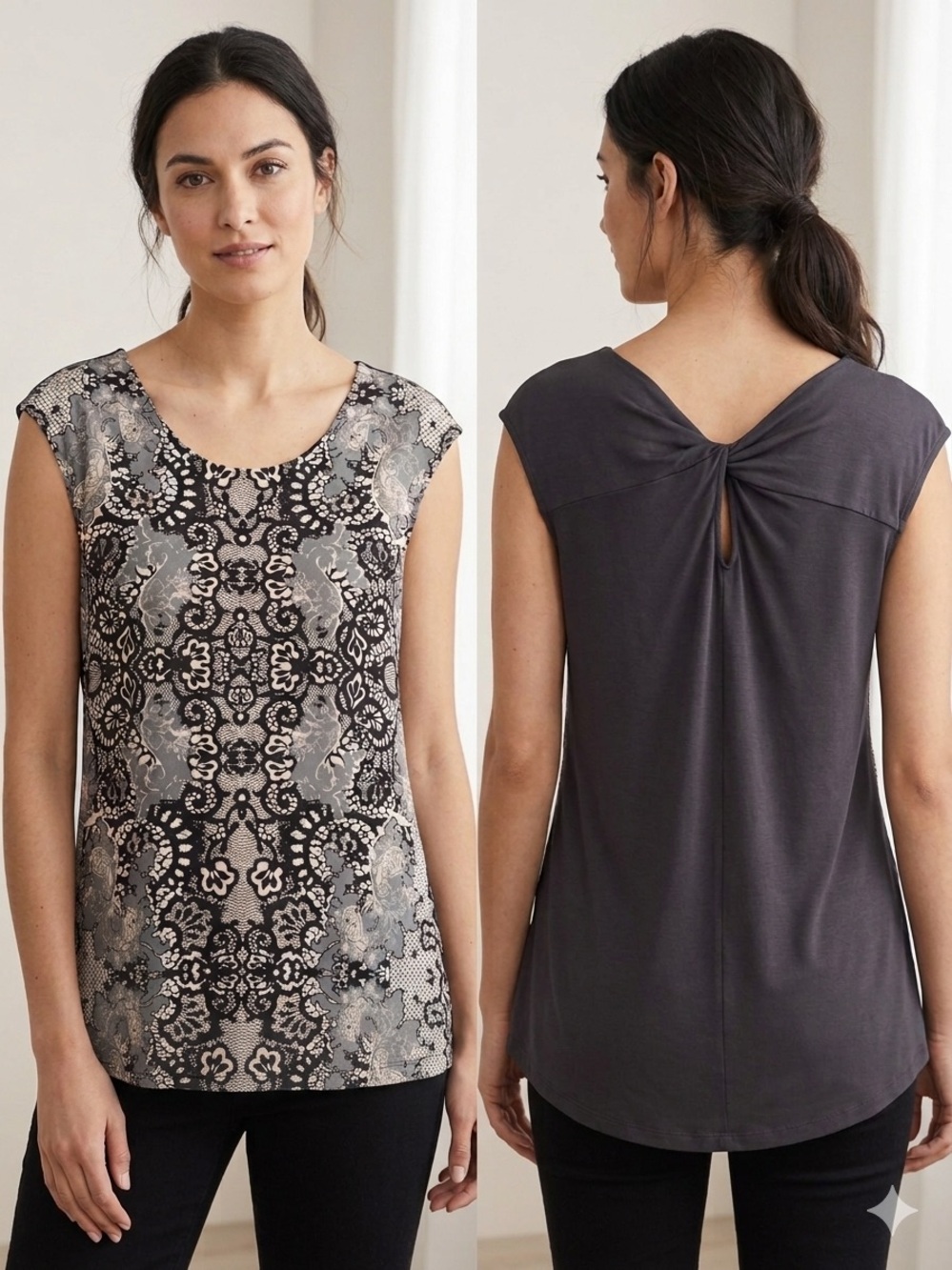 REITMENS Black Grey Printed Twist Back Sleeveless Top Size Large